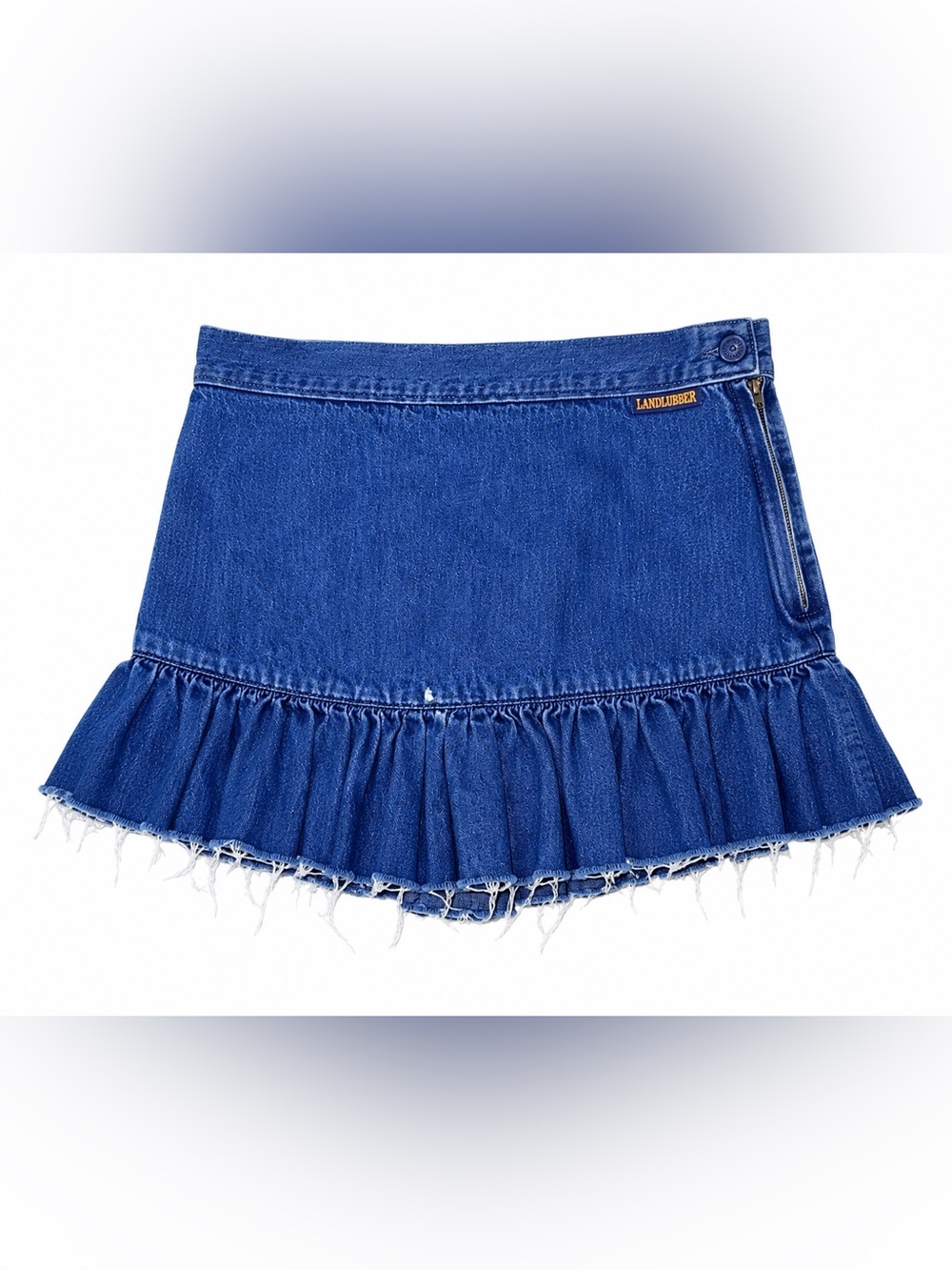 Vintage 70s Landlubber Denim Ruffle Mini Skirt Raw Hem Boho Festival Y2K XS